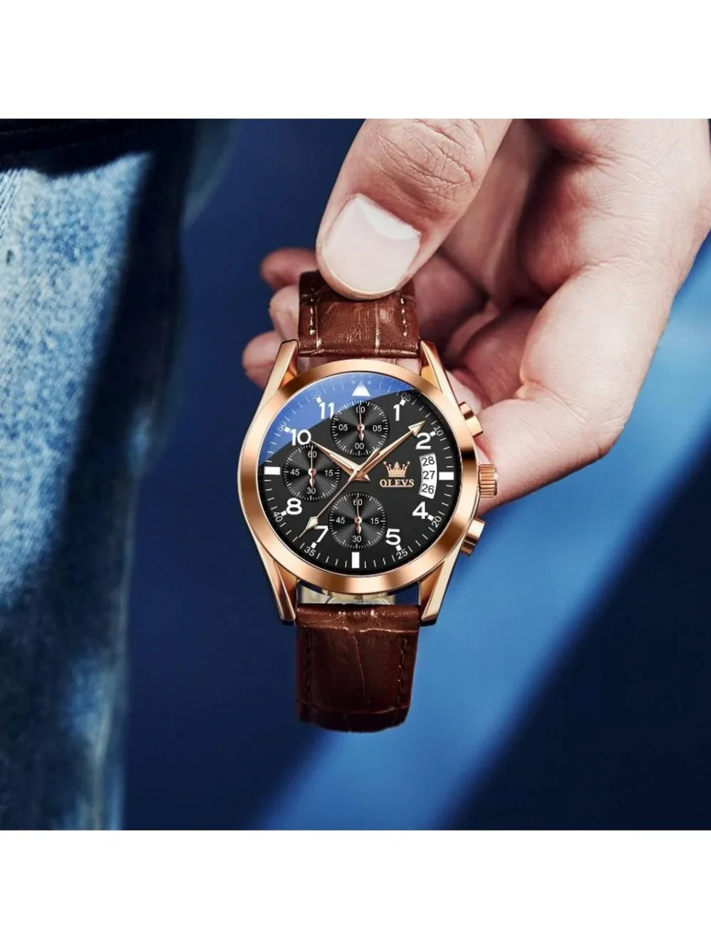 Men's Rose Gold Leather Chronograph Watch Big Face Waterproof Luminous Watch
